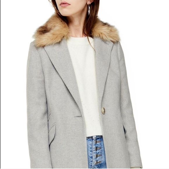 Topshop Monica Faux Fur Collar Coat - Grey - Picture 2 of 8